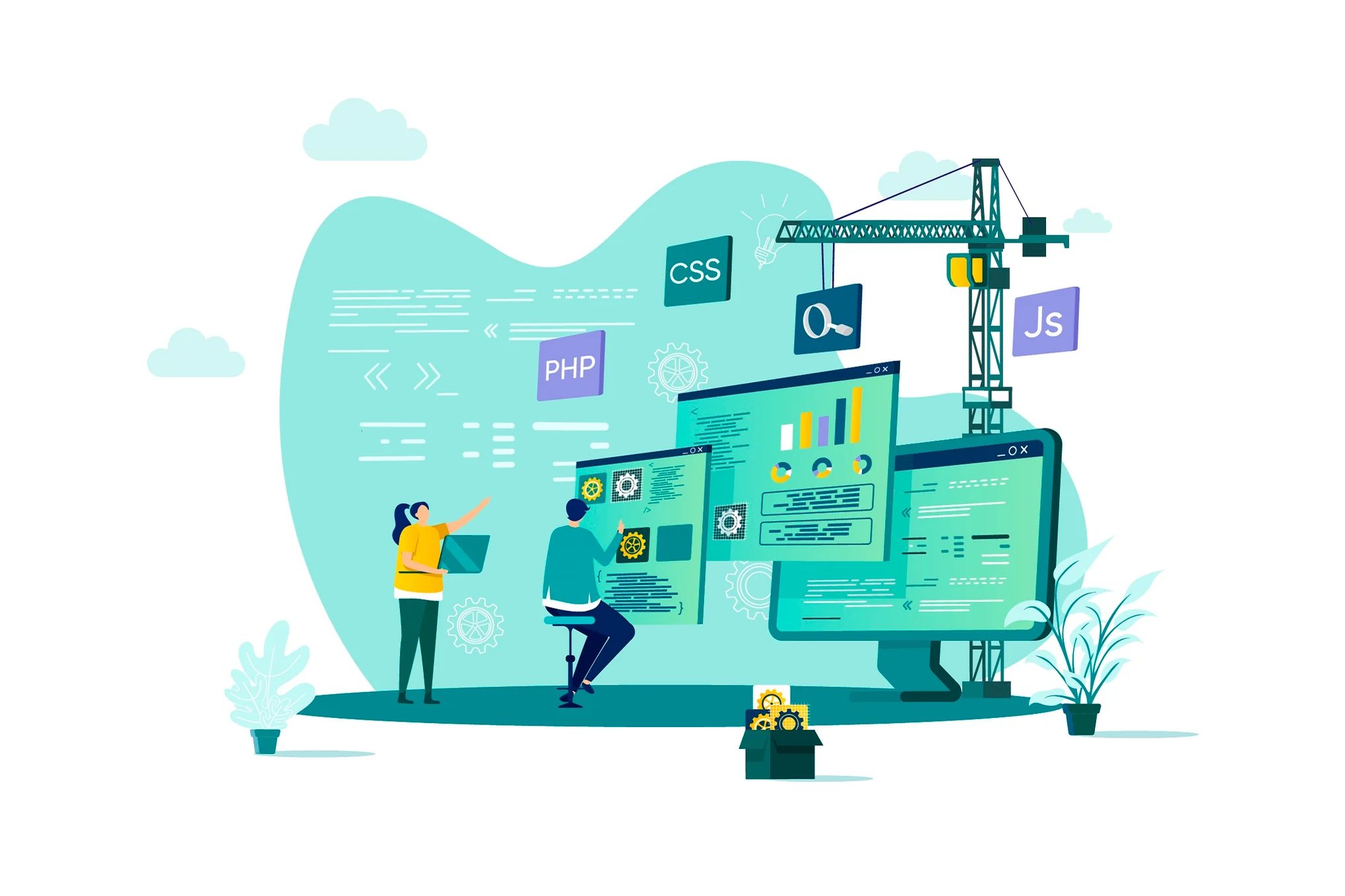 Web development illustration showing modern technologies and team collaboration
